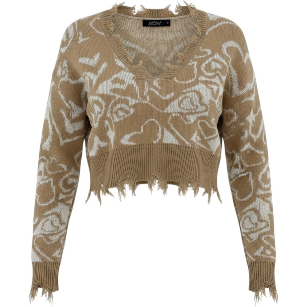 Just Polly Rose Heart Print Women M Distressed Cropped Ribbed Sweater Tan White